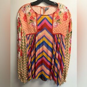 EUC BL^NK London Colorful Chevron Floral Peasant Long Sleeved Blouse Women’s XL